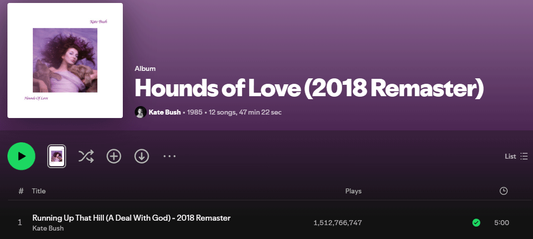 Kate Bush's 'Hounds of Love' album with '2018 Remaster' added to the name and song titles