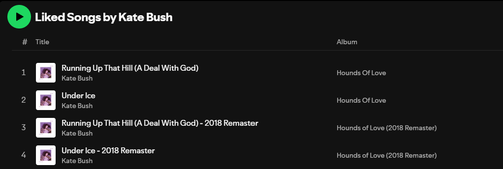 Kate Bush 'Liked Songs' showcasing songs added multiple times (Under Ice + Under Ice - 2018 Remaster).