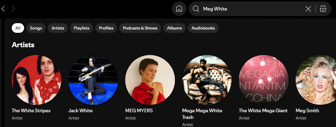 Spotify search for Meg White that show the White Stripes as a suggested artist for said search.