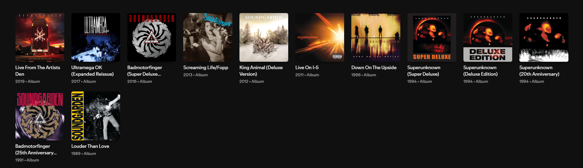 A display of all Soundgarden albumns