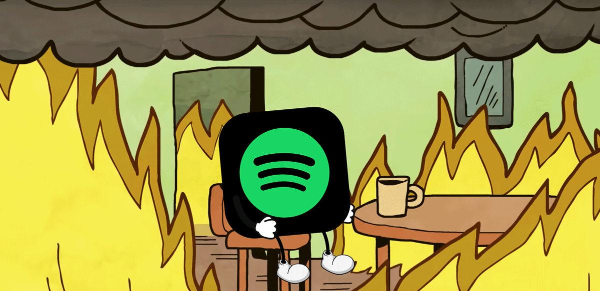 Spotify logo turned into the 'This is Fine' meme.